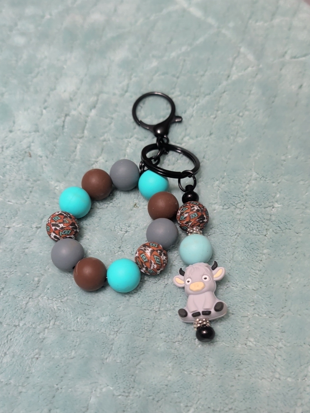 Kids Beaded Cow Charm Keychain - Teal, Gray & Brown